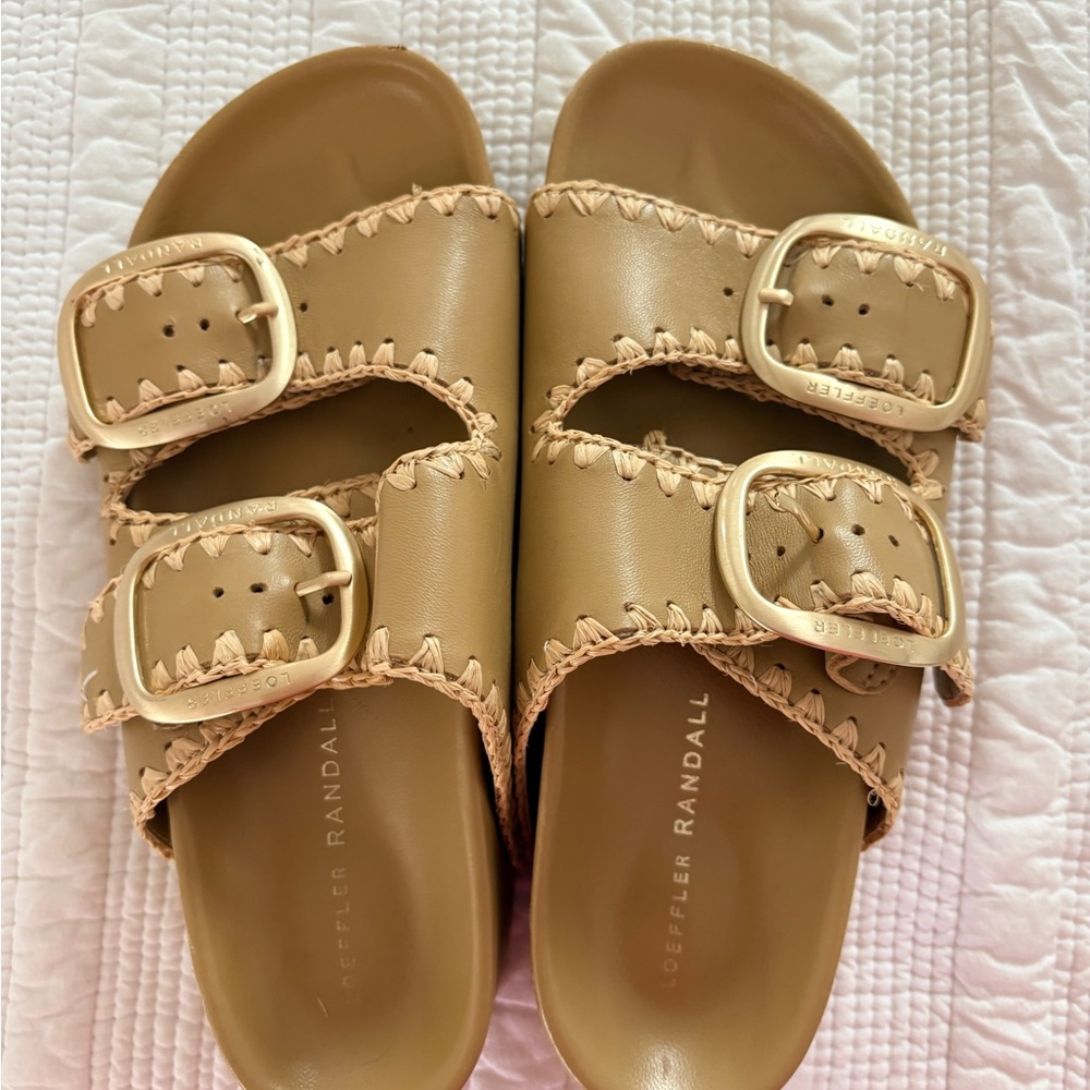 Loeffler Randall Theo Two-Band Platform Embroidered Sandal in Bisque Leather